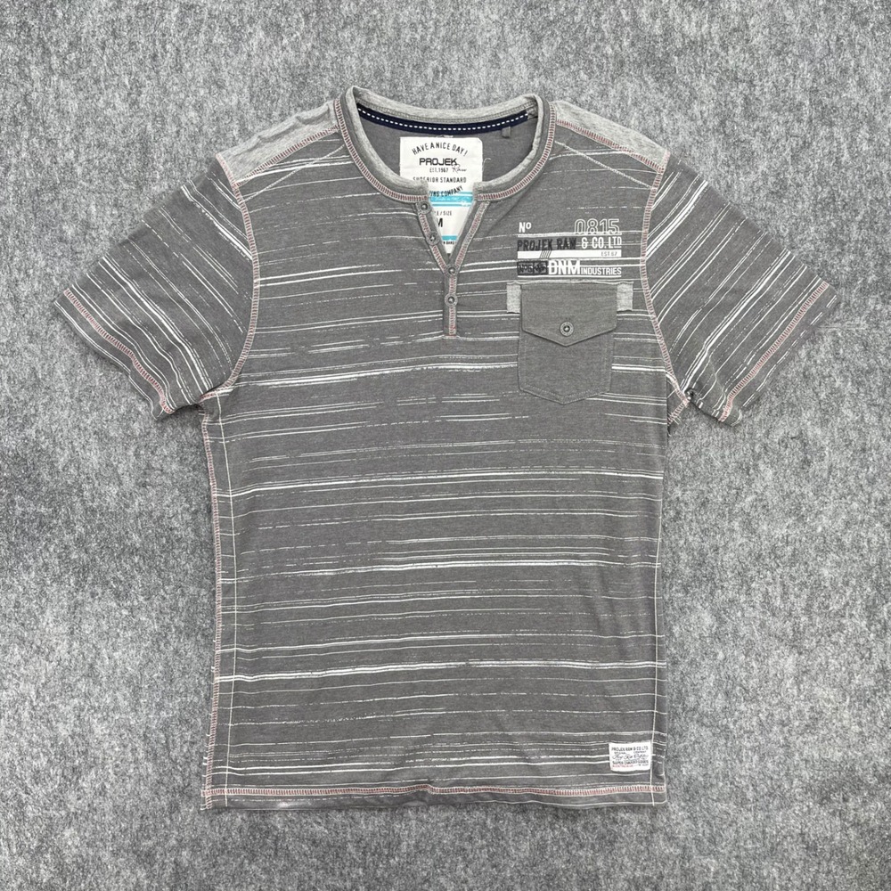 Projek Raw Shirt Mens Medium Gray Space Dye Striped Henley Short Sleeve Pocket